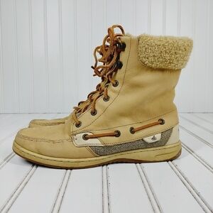 Sperry Top-sider Tall Women Tan Leather Fur Non-Marking Lace Up Ankle Boots B373